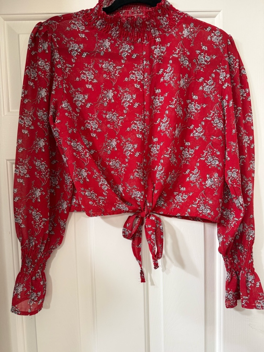 Red Floral Mock Neck Tie-Front Long Sleeve Women’s Crop Top - Medium